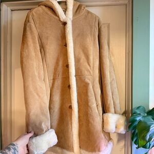 Marvin Richards Camel Shearling Coat with Cream Fur Trim